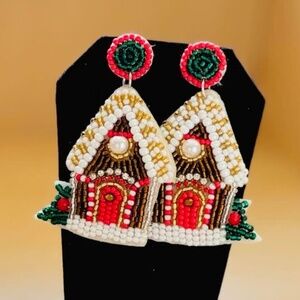 Gingerbread house seed bead holiday earrings